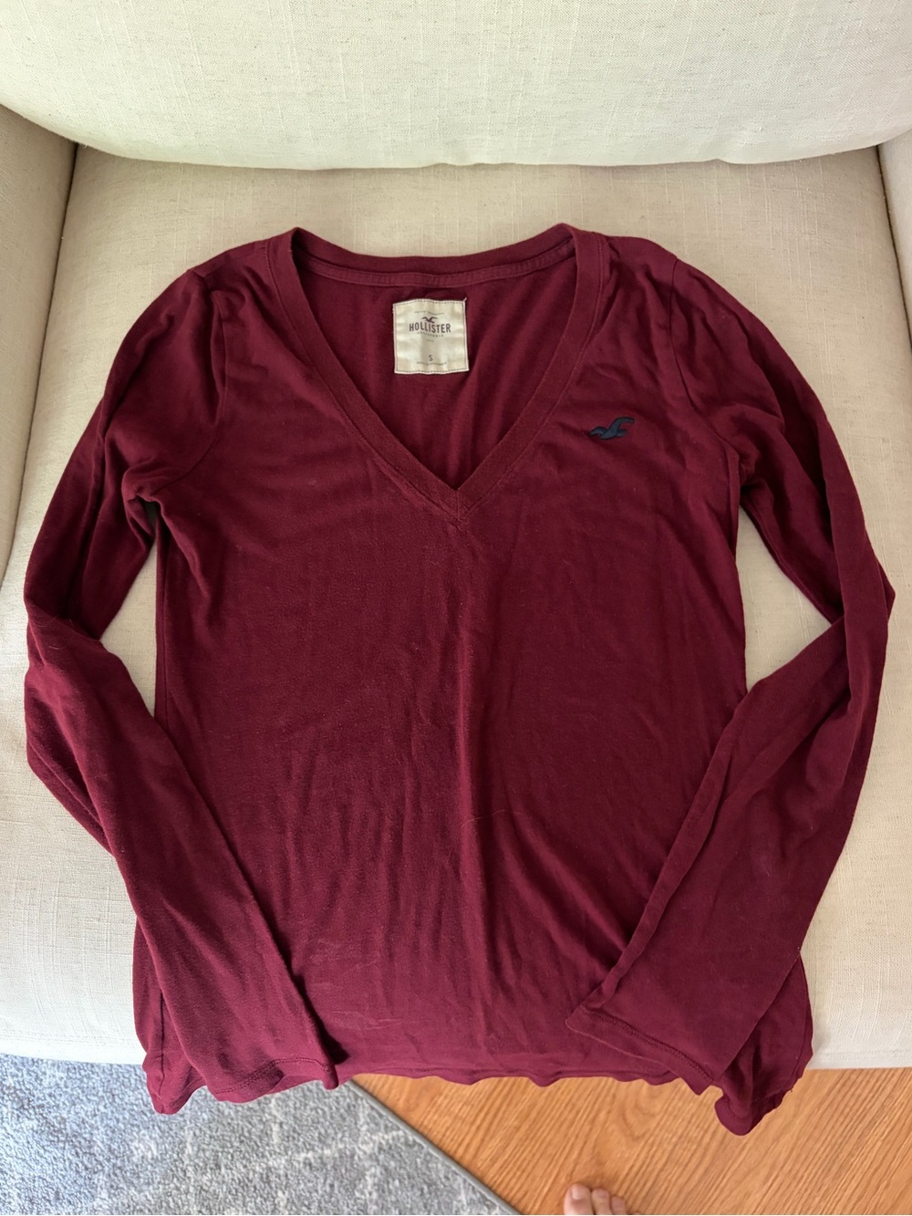Hollister Women's Deep Burgundy V-Neck Long Sleeve Top